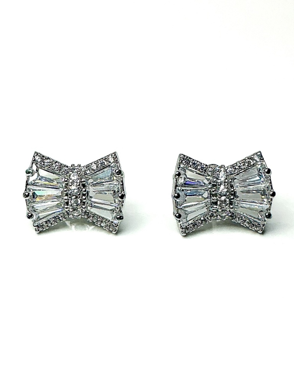 Silver Filled Baguette Cut CZ Bow  Stud Earrings Sparkly Dainty Cute Ribbon